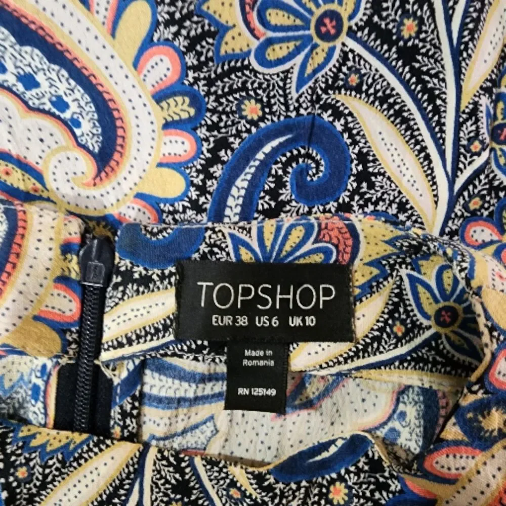 Topshop Sleeveless Dress Size 6 US Paisley Print‎ Shift Sheath Blue Pink Retro